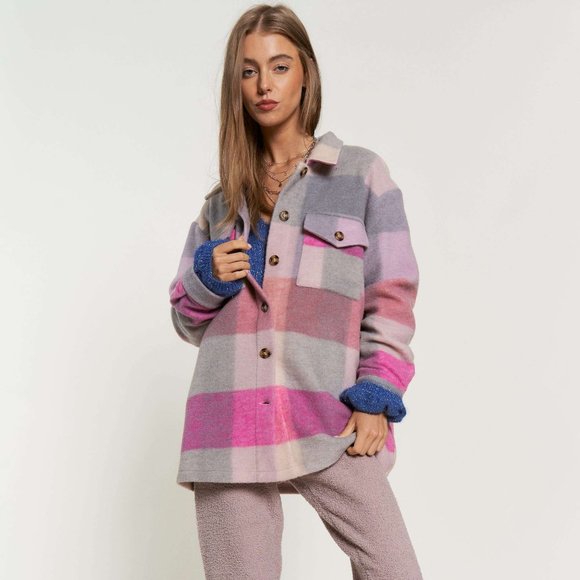 new DAVI N DANI PINK PLAID SHACKET JACKET SHIRT western boho shabby Chic SM-3X - Picture 7 of 8